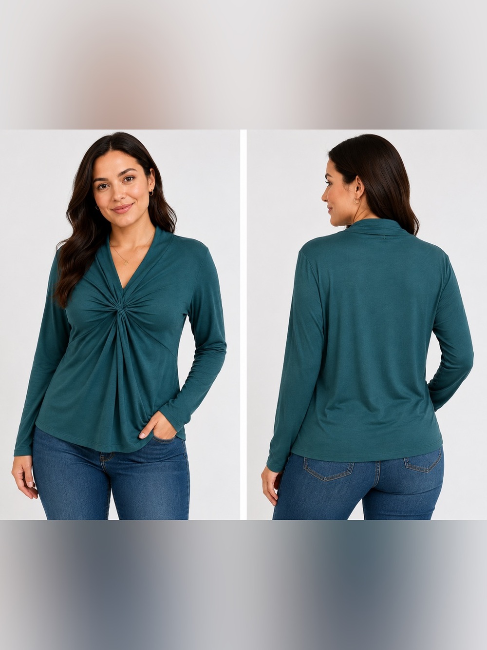 Fusa Landri Teal Twist Front Draped Long Sleeve Stretch Top Women’s L